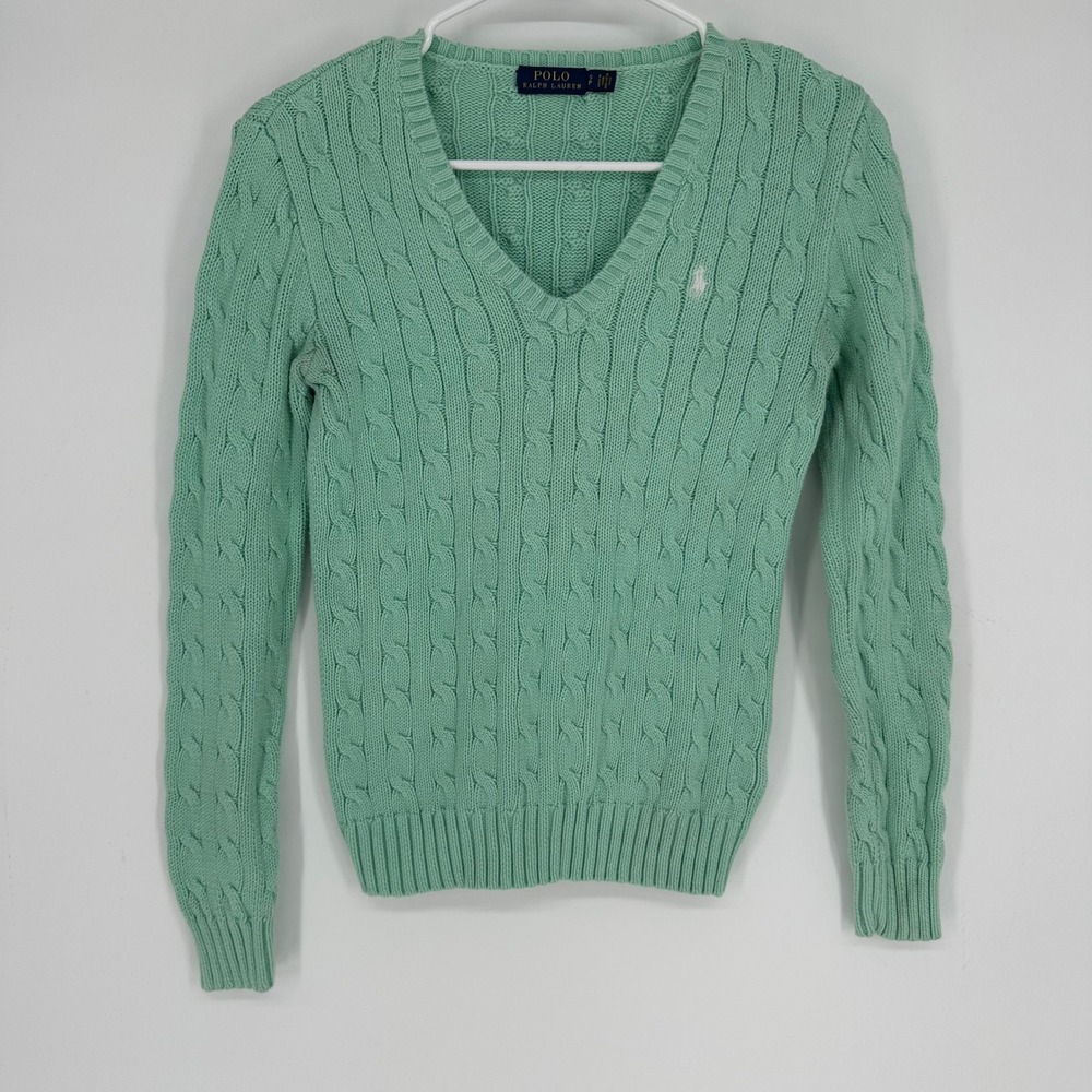 Polo Ralph Lauren Womens Mint Green Cable Knit V-Neck Sweater Size Small SP